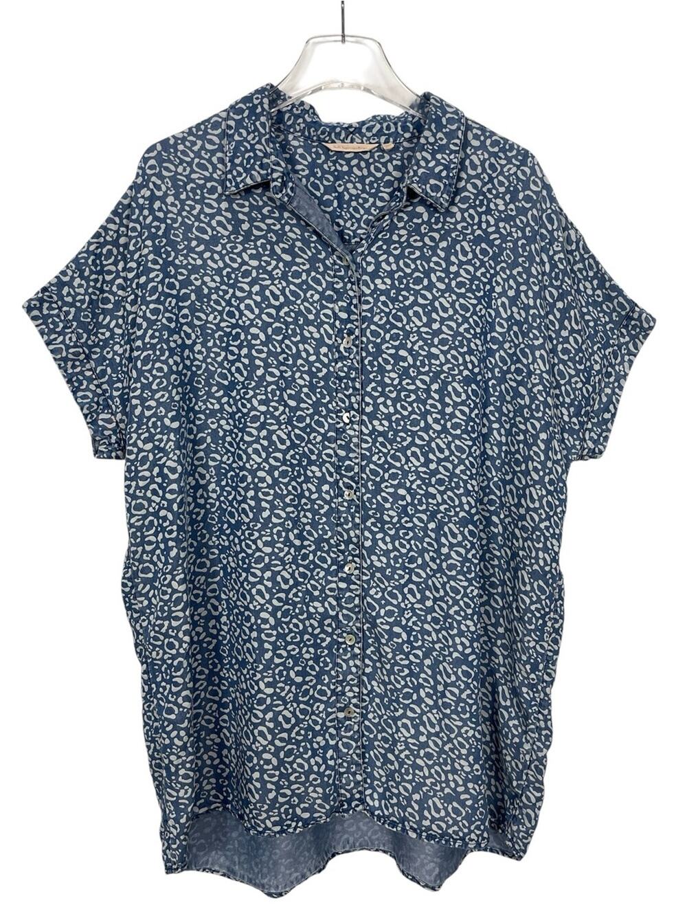 Soft Surroundings Chambray Leopard Print Button Up Tunic Top Size XL